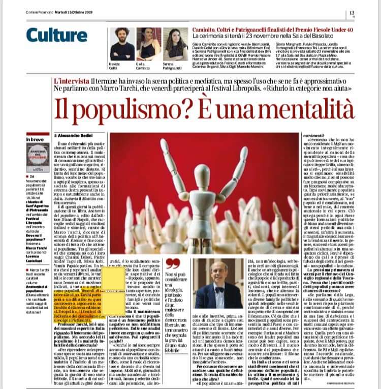 libropolisfest's tweet photo. L’intervista di Alessandro Bedini a Marco Tarchi in occasione di #Libropolis2019 in cui si parla del nostro festival sul Corriere Fiorentino. https://t.co/GdZtWT65Nu