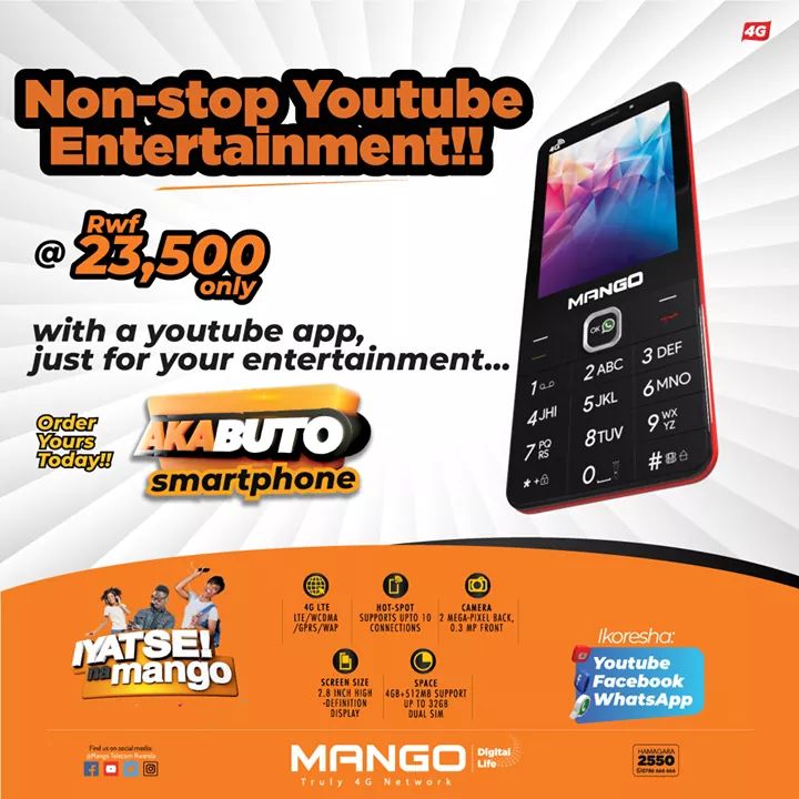 Mango4G's tweet image. Non-stop Youtube Entertainment!! @ only Rwf 23,500, Akabuto smartphone comes with a youtube app, just for your entertainment... Order yours today!!

#IyatseNaMango #Akabuto4GSmartPhone #4GUnlimiteddata #LTEspeed #Smartphones #NoBunddles #FastestInternet #MangoTelecom4G