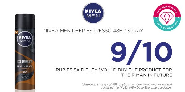 rubybox_beauty's tweet photo. See what our rubies thought of the New NIVEA Men Deep Espresso Spray on their baes..
Read More: https://t.co/VXIDrM0fS7
#rubybox #rubyboxdeepespresso #NIVEAMen #DeepEspresso #NIVEADeo https://t.co/lLl39jcsvE