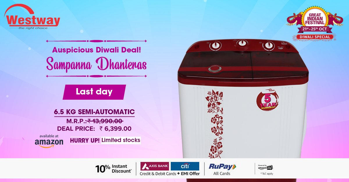 WestwayE's tweet photo. The feature-laden Westway washing machine you will not regret taking your home! Buy it on Amazon's Great Indian Festival @ amazing prices! Depend on us!
Website-https://t.co/XbMAwntNAy
#Westway #Washingmachine #GreatIndianFestival #Diwali2019 #Semiautomaticwashing https://t.co/ZFTLLnkW7x
