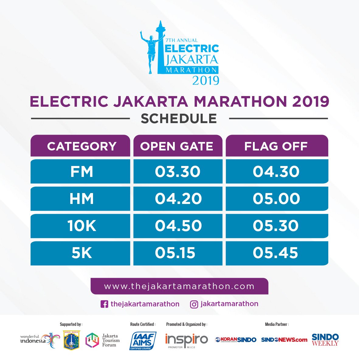 Perhatian ! Attention ! Minggu, 27 Oktober 2019 jangan lupa datang tepat waktu sesuai kategori kamu biar nggak ketinggalan start

#jakmar2019
#jakartamarathon
#lightupyourenergy
#energyoptimisme