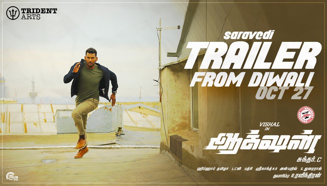 baraju_SuperHit's tweet photo. The Most expected @VishalKOfficial ‘s Saravedi #Action Trailer Releasing On Diwali Day !

#ActionTrailerOnOct27th 
#ActionInNovember

 Dir by #SundarC, Prod by @tridentartsoffl #RRavindran 
@tamannaahspeaks @hiphoptamizha @AishwaryaLeksh4 @iYogiBabu @Muzik247in https://t.co/R33V7l1bdt