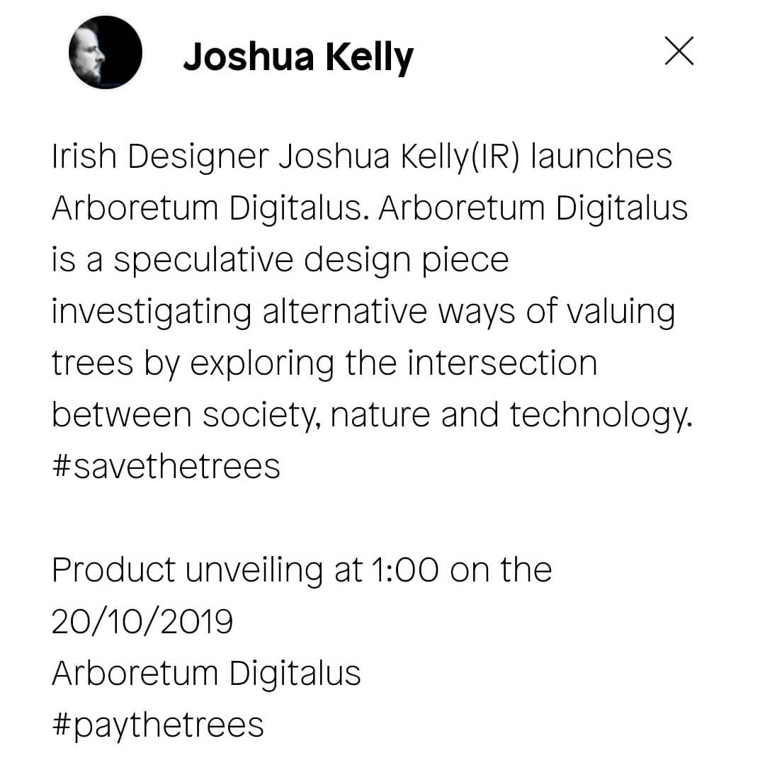BA IxD student Joshua Kelly exhibiting his project Arboretum Digitalus in the Symbiocene Forest at BioArt Laboraties in #DutchDesignWeek.
#interactiondesign #designfiction #speculativedesign #savethetrees