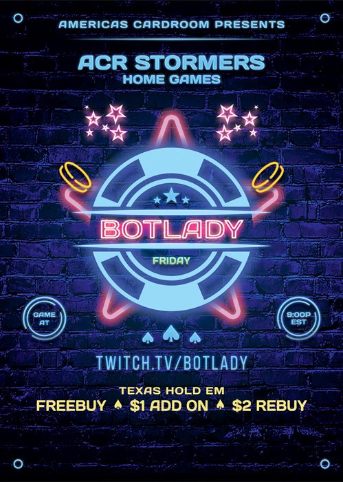 Botlady4's tweet image. 🚨📈Friday Funday 5:30 PT password released &amp;amp; #live #streamed on #twitch twitch.tv/botlady

💰$100 GTD #FREE ENTRY #Poker #Tournament

🏆1st Place also gets BOTLADY Merch Item🙀

💃8pm PT Stay&amp;amp;Play Ladies Night Tourney w/ 
@violet_mystery @Kymmers66 @ACR_POKER @ACRSTormers