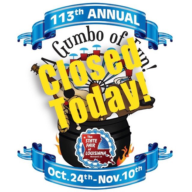 Attention all Fair Fans: Due to inclement weather conditions, the State Fair of Louisiana will not be opening today.
This includes all scheduled Fair events. 

However, the State Fair Livestock Show WILL go on as scheduled. 

We will see you when we reopen Saturday at 10am!