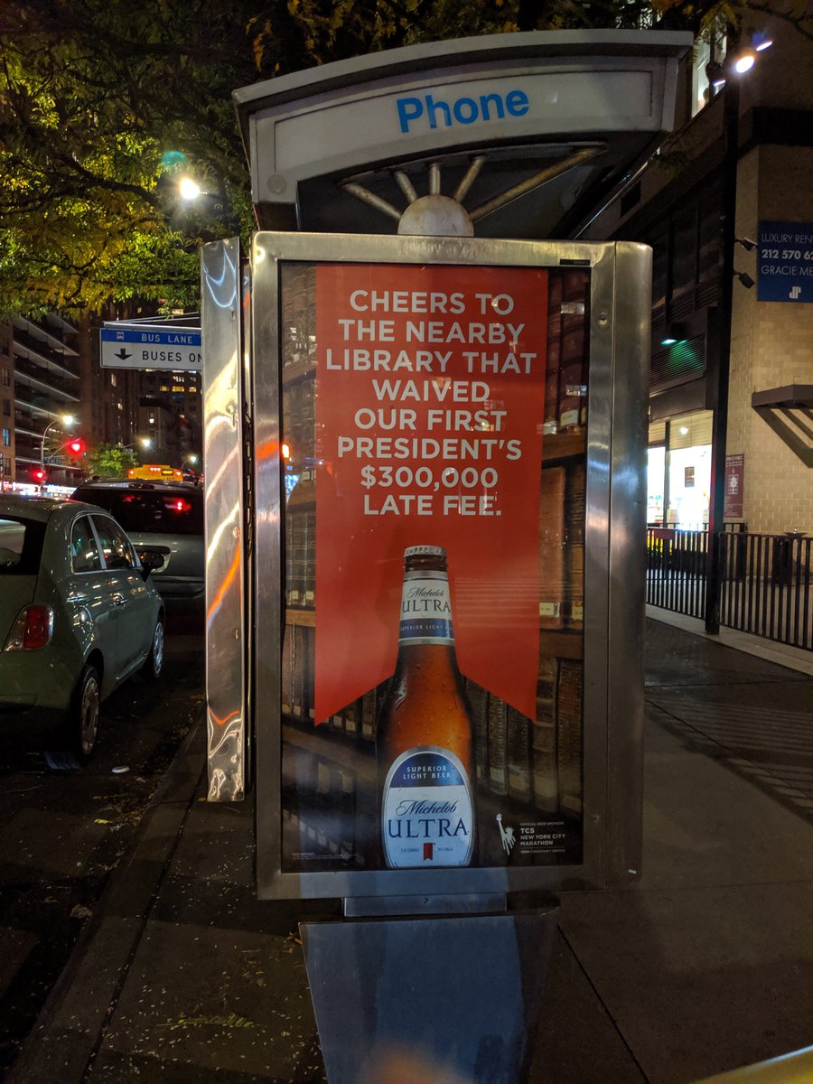 nysoclib's tweet image. On Oct 5, 1789, George Washington borrowed Vattel&apos;s Law of Nations from the New York Society Library. 265 years later....

this ad was spotted on the #NYCMarathon route at 1st Ave &amp;amp; 80th St.

#libraries #libraryfines