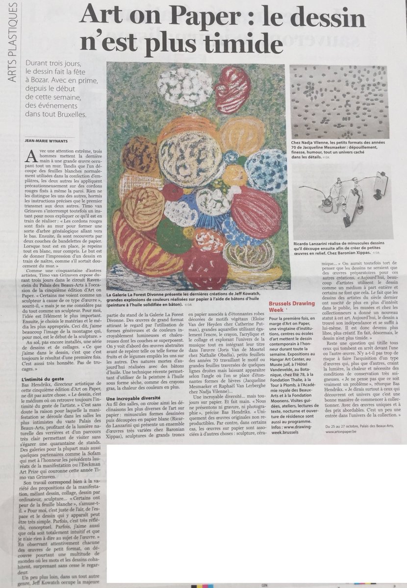 ✍️Merci au journaliste Jean-Marie Wynants pour son article dans le journal <a href="/lesoir/">Le Soir</a> et pour son attention particulière portée aux oeuvres de Jeff Kowatch exposées en ce moment sur notre stand à @artonpaperbrussels !
Rendez-vous sur notre stand 30 jusqu'à dimanche au #BOZAR !!