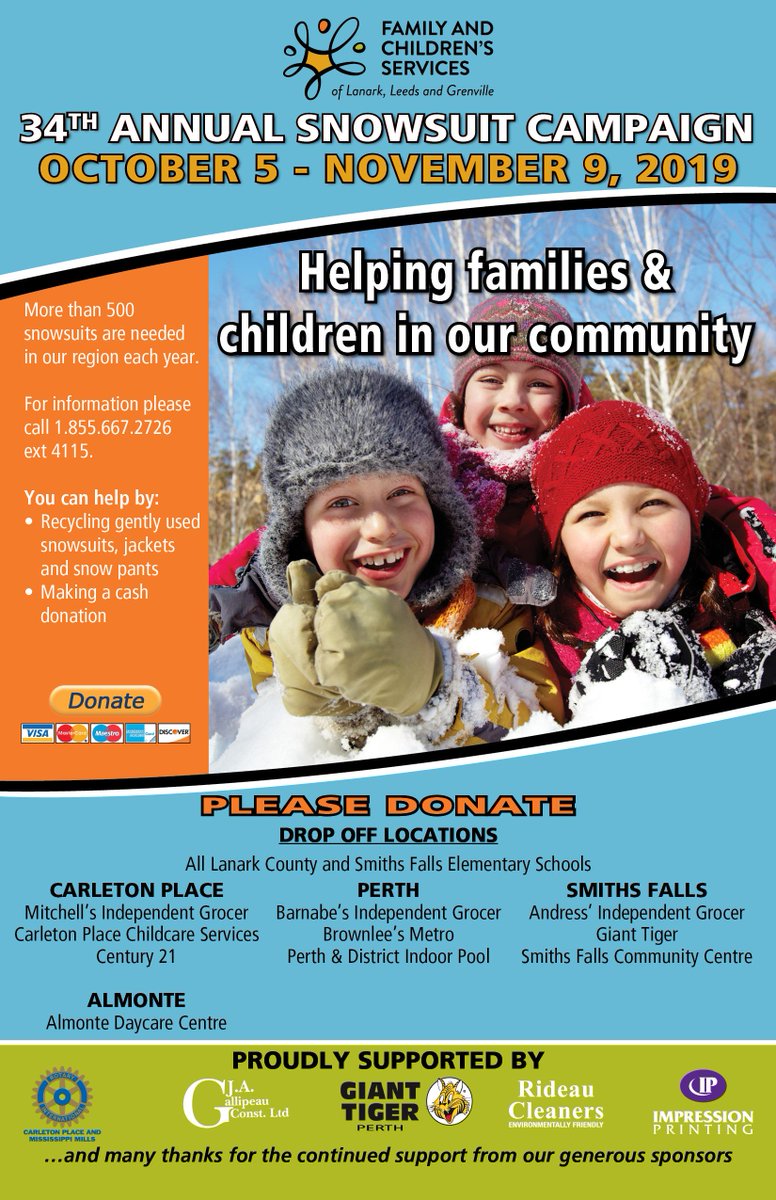 FamChildLLG's tweet photo. The 34th Annual Lanark County &amp; The Town of Smiths Falls Snowsuit Campaign has begun!! Please drop off gently used snowsuits, jackets, mitts, hats, winter items for children and youth at any drop off location identified in the poster below #snowsuitdrive https://t.co/0CtK8UOrWU