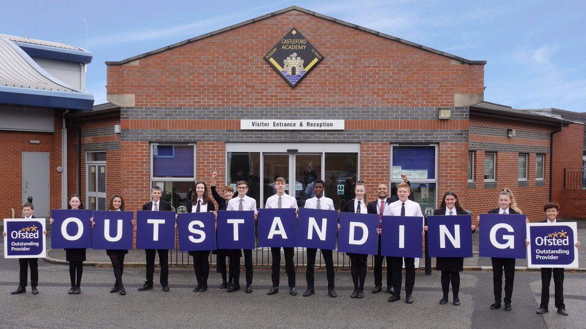 CastlefordAcad's tweet photo. Castleford Academy are delighted to be the first secondary school in the country to be recognised as 'Outstanding' by Ofsted under the new framework!! Further details can be found at https://t.co/OxKAQZGvG6 #ourkidsareamazing #teamcas #casandproud https://t.co/dnAydetnBS