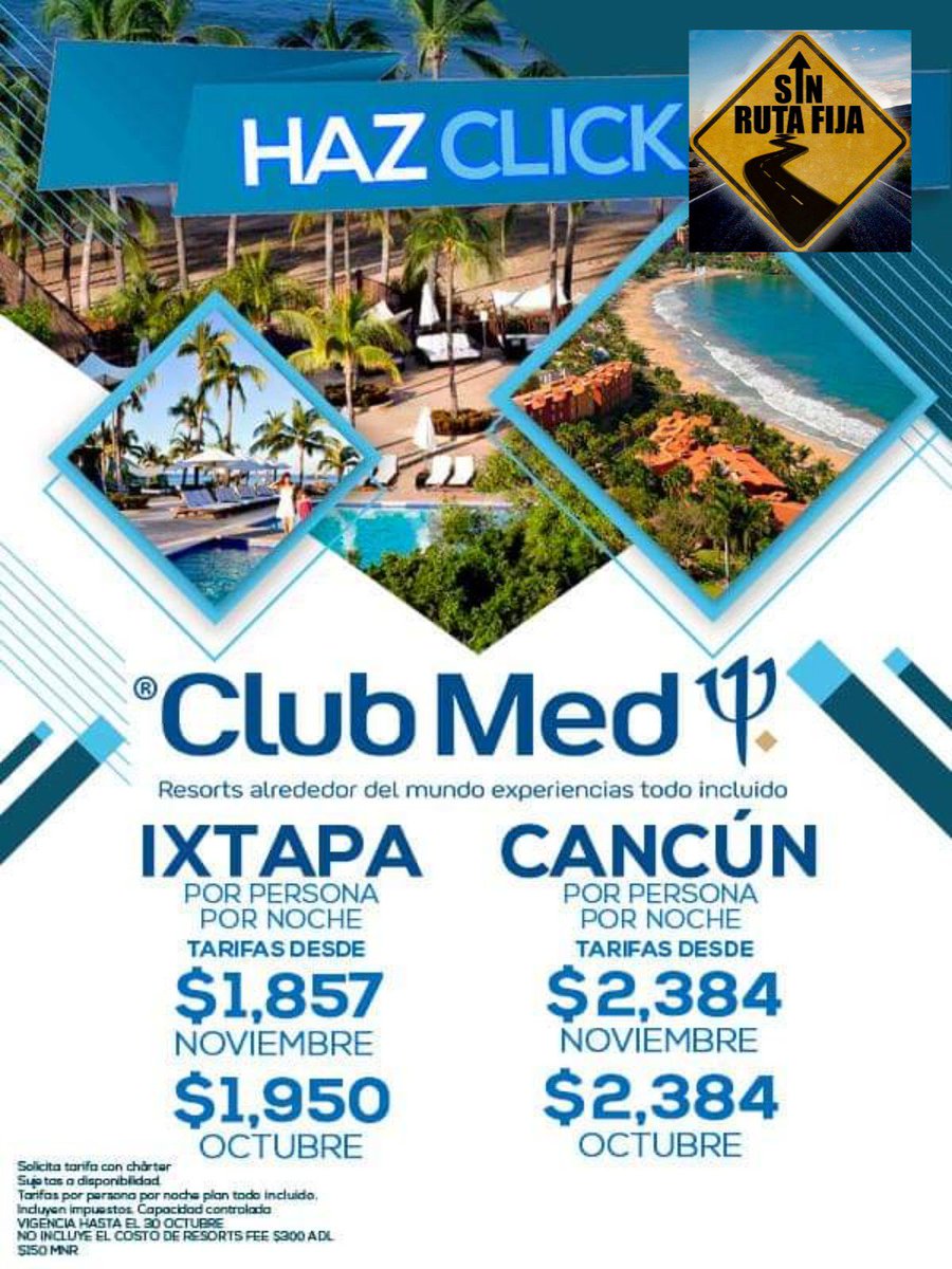 ¿Viajeros ya conocen el concepto CLUB MED? 

No te pierdas la oportunidad de vivir una experiencia única con los verdaderos pioneros del TODO INCLUIDO

RESERVA YA! 
#SinRutaFija #SRF #ClubMed #TodoIncluido #ExperienciasUnicas
