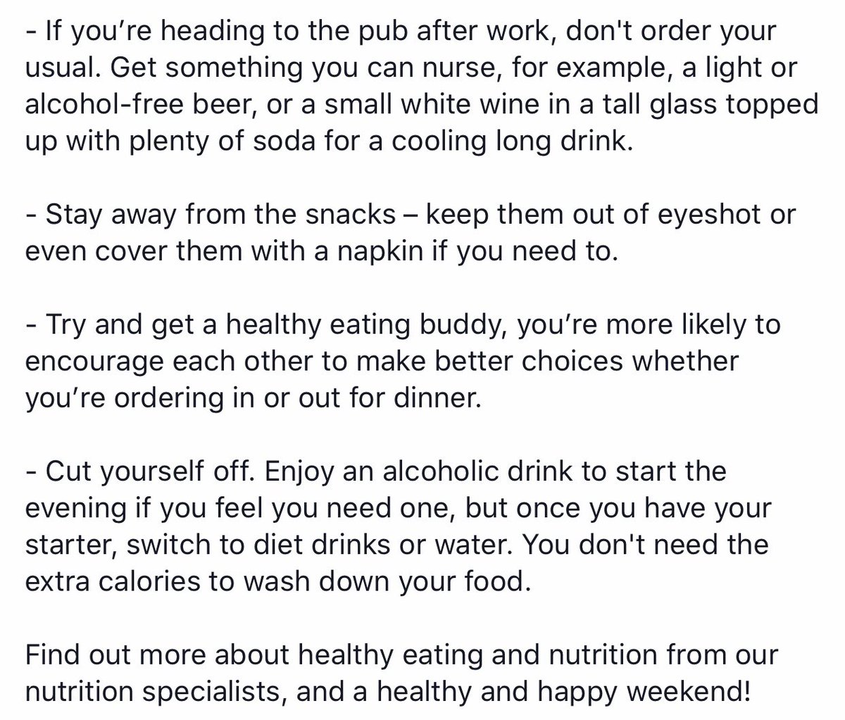 PrivateGPExtra's tweet photo. The weekend is almost upon us, so before you order your usual Friday night takeaway or head out for a post-work pint, take a look at our top tips for staying on track! Find out more about healthy eating and nutrition from our nutrition specialists #privategpextra #nutrition https://t.co/CC8U2lPxfK