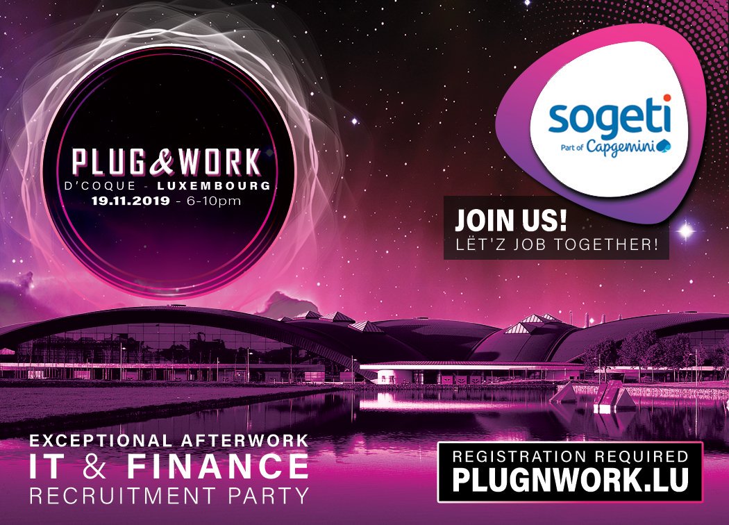 📢🔜 Let’s #kickstart your <a href="/sogetibelux/">Sogeti Belux</a> #career 🙌 at the next #Plug&amp;Work Luxembourg with @Moovijob ! 
➡️November 19th, from 6pm 
➡️D’Coque|2 Rue Léon Hengen|Luxembourg 
➡️ Registration: plugnwork.lu
Can't wait to see U there with my colleagues 
#AceYourCareer