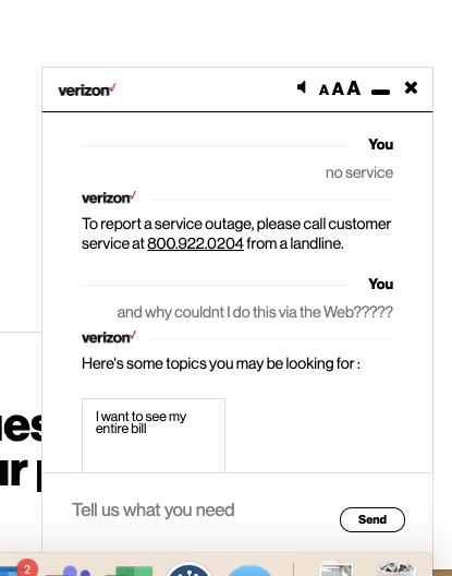 Vontresc's tweet photo. @VZWSupport This is super helpful. If I can get to the chat to ask about a service outage, why are you making me call a phone number from a landline??? Is this 2002???? https://t.co/8qgrXgCB7n