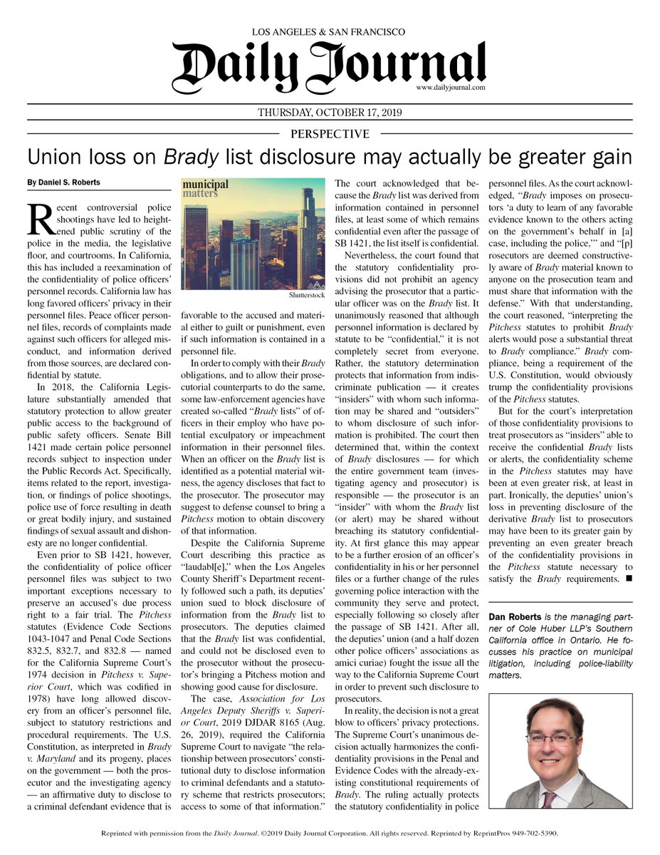 ColeHuberLLP's tweet photo. The State Supreme Court recently decided a case concerning "Brady List" obligations. Although the case was decided against peace officer unions, the court's ruling might actually be a win for them. Our Dan Roberts' article in the Daily Journal explains. https://t.co/eTjysjstn4