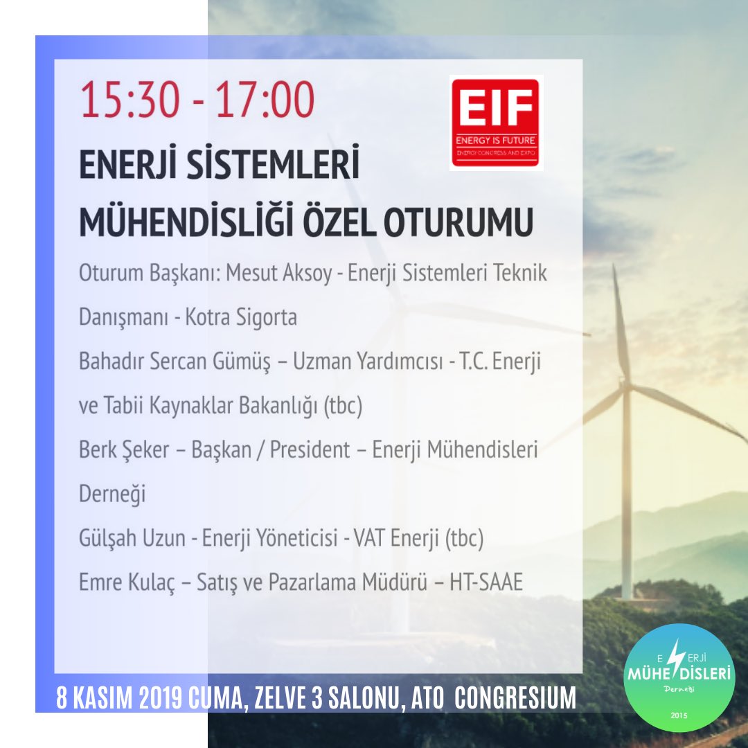 EmdOrgTr's tweet photo. Ankara’da bu yıl 12. si düzenlenecek olan Uluslararası Enerji Kongresi ve Fuarında (EIF), Enerji Sistemleri Mühendisliği Özel Oturumu düzenleyerek değerli meslektaşlarımızla mesleğimizi konuşacağız. İlgilenen herkesi 8 Kasım Cuma günü ATO Congresium’a bekliyoruz. https://t.co/puu3kRZXUQ