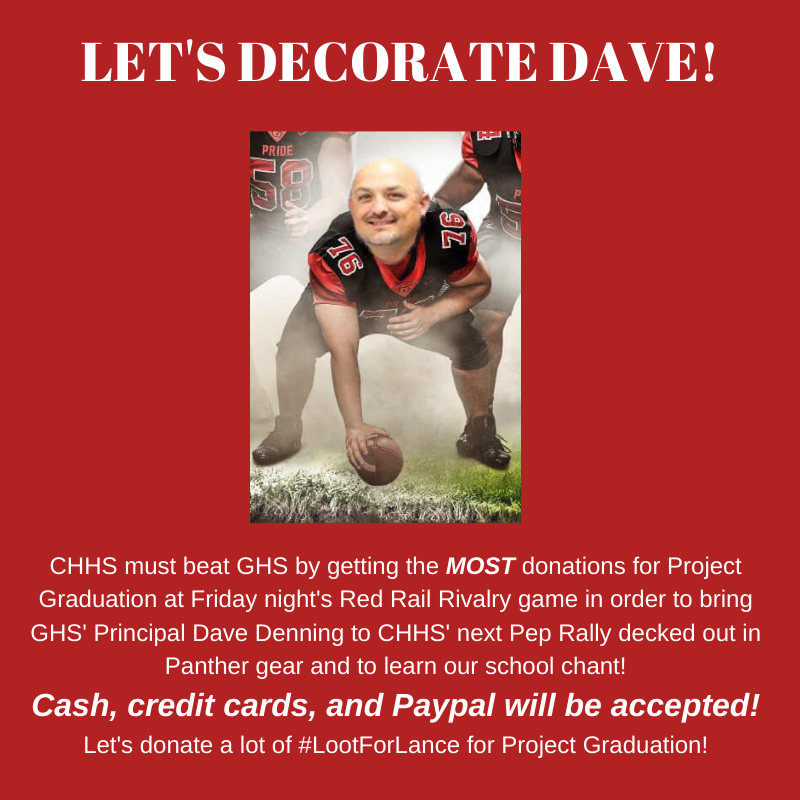 chhssenior2022's tweet photo. LET'S DECORATE DAVE! CHHS must get the MOST donations 4 Project Graduation @ tonight's rivalry game. PLEASE DONATE TONIGHT! #SaveLance #LootForLance #MashTheMustangs #CHHSPG2020 #chpantherpride #CHHSPanthers #PantherOn #GHSPG2020 #SaveDrG #DecorateDave https://t.co/Aon9ekGk06