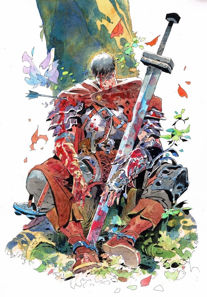 Before and after for the #berserk piece. At different stages all sorts of ideas pop up. I always put watercolors on top of the inks. 