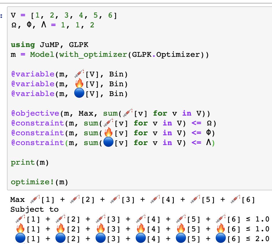 chghyn_kwon's tweet image. In the slides of @mxmmargarida at #informs2019 was the cutest ever math program formulation with &quot;emojis&quot; as variables. I liked it. Since #JuliaLang supports unicode names, we can indeed use emojis for variable names in @JuMPjl models.