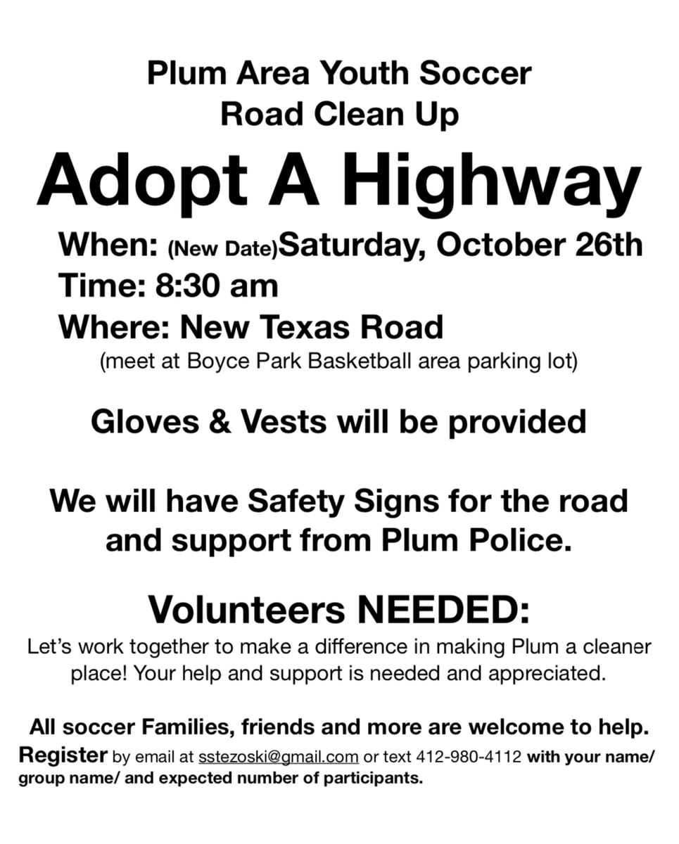 Plum Soccer Road Clean Up Day -- DATE CHANGED to TOMORROW (10/26) -- VOLUNTEERS NEEDED!!! - mailchi.mp/9304556e23d5/p…