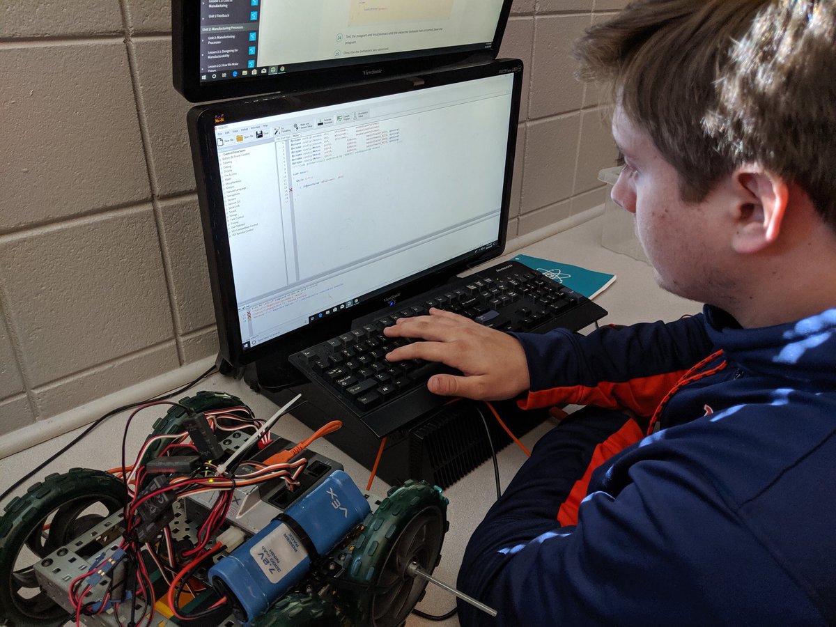 OpelikaCTE's tweet image. Students in Computer Integrated Manufacturing have learned to program in RobotC and are studying the use of Automated Guided Vehicles in manufacturing. They have built small robots and are composing and testing their code to see if it can accomplish a task without a human driver.