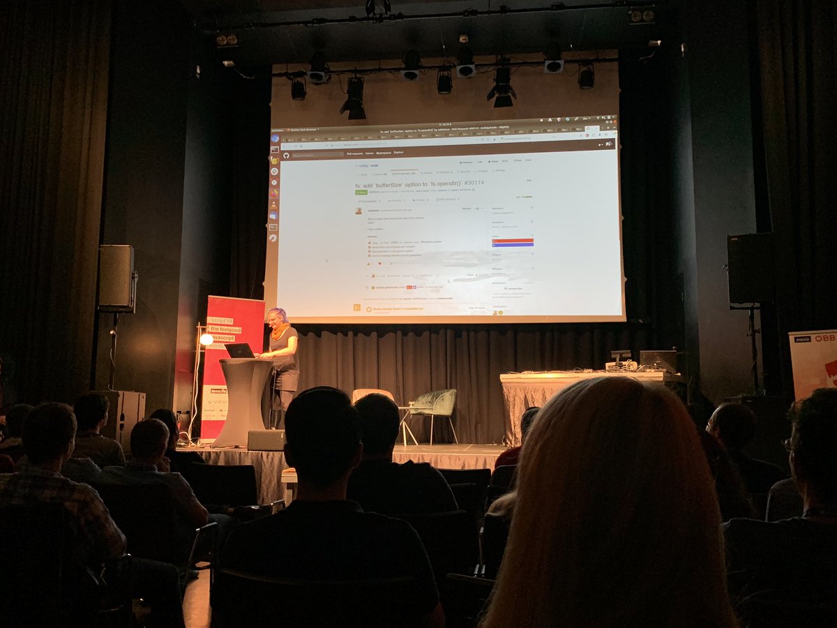 duffleit's tweet image. This was amazing. @addaleax just created a pull request for @nodejs live on stage. Great idea for a conference talk, as it shows how „easy“ it is to contribute to open source projects, also in a limited time. #noexcuse #ScriptConf