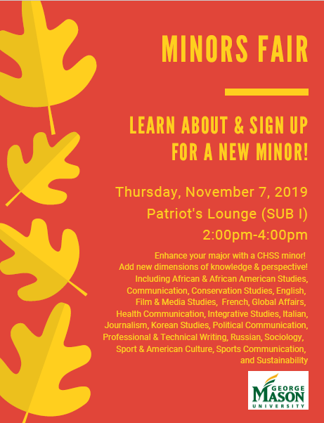 MasonCommDept's tweet photo. Come out to the CHSS Minors Fair on 11/7 in SUB 1 at 2pm! #CHSSMinorsFair #MasonCOMM https://t.co/7o8lDgwy0s