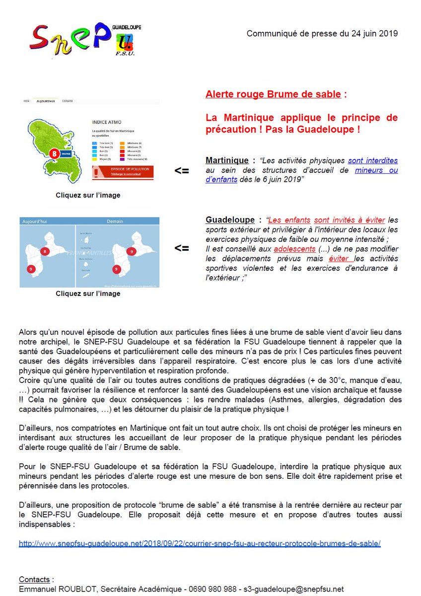 DanieleObono's tweet photo. ⛔️A chaque épisode de pollution aux particules fines des #BrumesDeSable, les élèves de #Guadeloupe sont mis∙es en danger faute d’interdiction de l’EPS. A quand le principe de précaution comme en #Martinique ? Mon interpellation à @AnnickGirardin suite à l’alerte de @SNEPFSU971👇🏾 https://t.co/TMjwIEQsD0