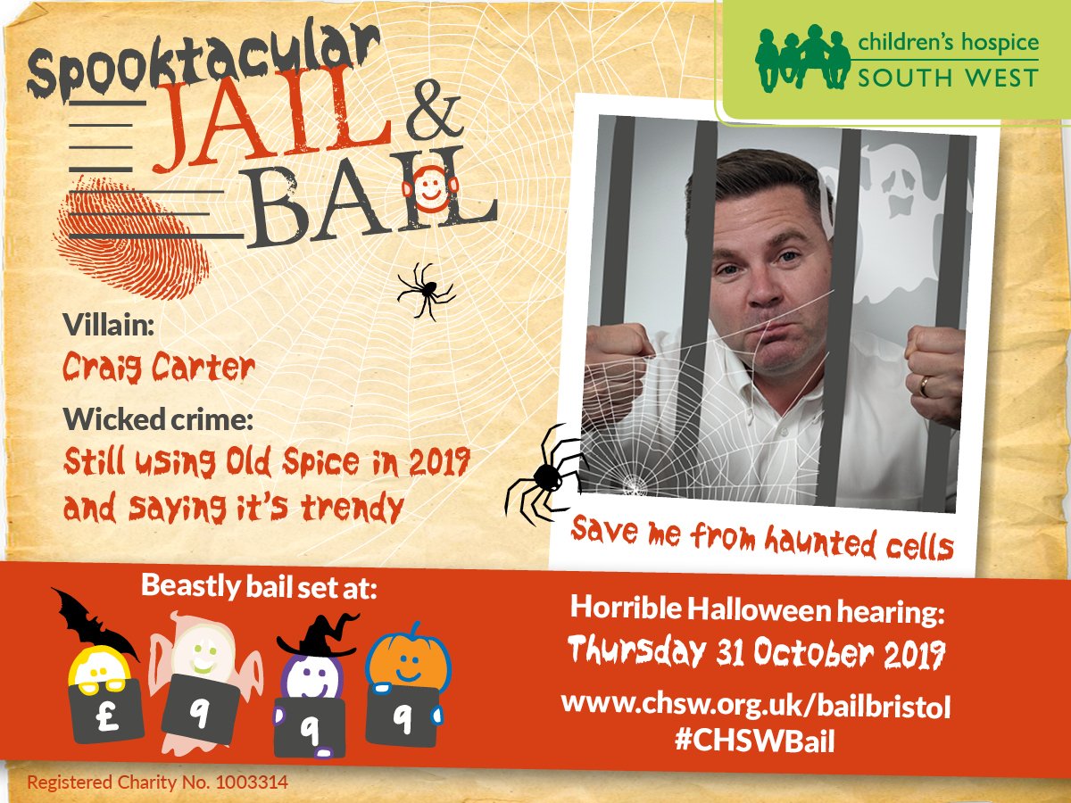 CabotCircus's tweet photo. Just one week until our Ops Manager Craig Carter is being locked up in aid of 
@CHSW! He'll be kept in jail until he reaches his bail money - £999! Please donate and help to support our charity partner of the year > https://t.co/reyv3CINWW 
#CHSWbail #FreeCraigCarter https://t.co/ignOq9dGRV