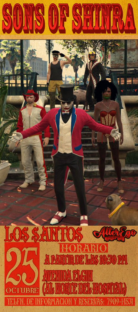 AlteregoRplay's tweet image. Damas y caballeros, niños de tooooooooodas las edades... El circo de Sons of Shinra ha llegado oficialmente a la ciudad!! Os esperamos esta noche en la Avenida Elgin para disfrutar de un espectáculo sorprendente!! 🎪🤡