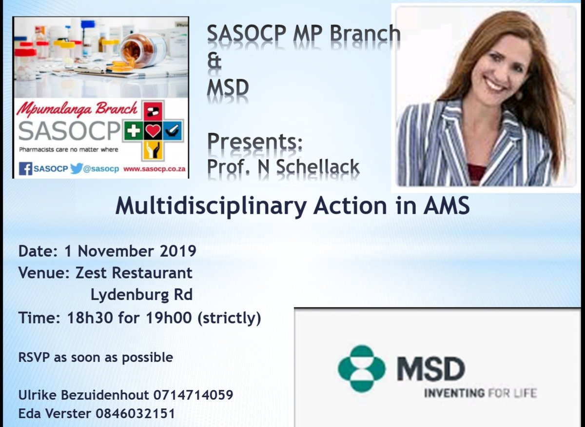 SasocpMp's tweet photo. So its official...Prof @NSchellack  will be in the lowveld on the 1st of November. Please join us for a great evening sponsored by @MSD_SouthAfrica
@sasocp @VersterEda @leonie_vd @SMUClinPharm https://t.co/HEeInCCls2