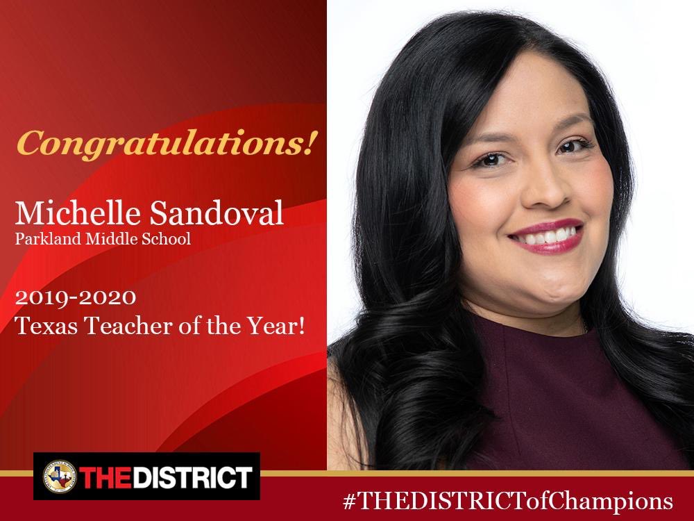 Sending out a Texas-Sized CONGRATULATIONS to @ParklandMS teacher Michelle Sandoval @sandoval11Teach who has just been named the 2020 @tasanet Texas Secondary Teacher of the Year!! Congratulations Ms. Sandoval!!
#THEDISTRICT #TheDistrictofChampions #TXTOY #WeR19