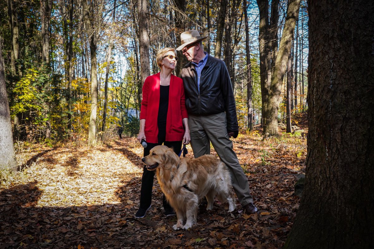 Elizabeth Warren with her husband, Bruce, and her dog, Bailey.