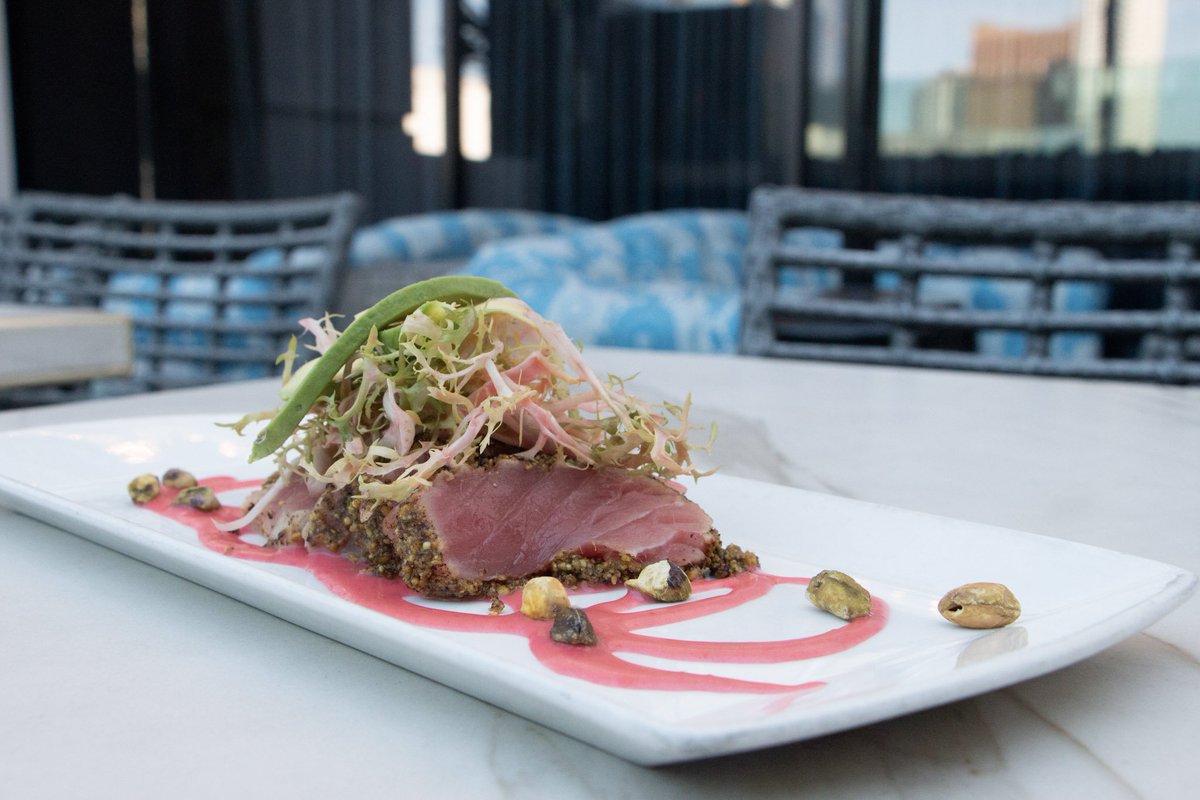 BarrymoreLV's tweet photo. Seared Pistachio Crusted Ahi Tuna with Raspberry Vinaigrette topped with Frisee and Avocado just in time for the weekend. https://t.co/wpK341iBNg