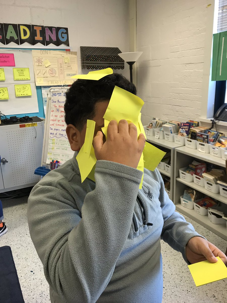 stevecraig70's tweet photo. Students taking a brain break in Ms. Weber’s class. How many stickies can you stick on your face? All stickies used for this experiment were recycled. https://t.co/x8wlnq6DJf