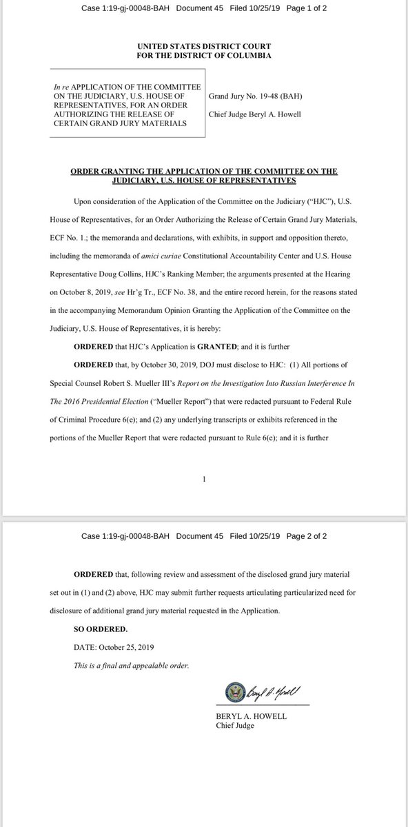mkraju's tweet photo. In major win for Democrats, federal judge orders Justice Deparment to turn over all redacted portions of the Mueller report, grand jury material and exhibits/transcripts to the House Judiciary Committee by Oct. 30 https://t.co/TbD5MoWd64