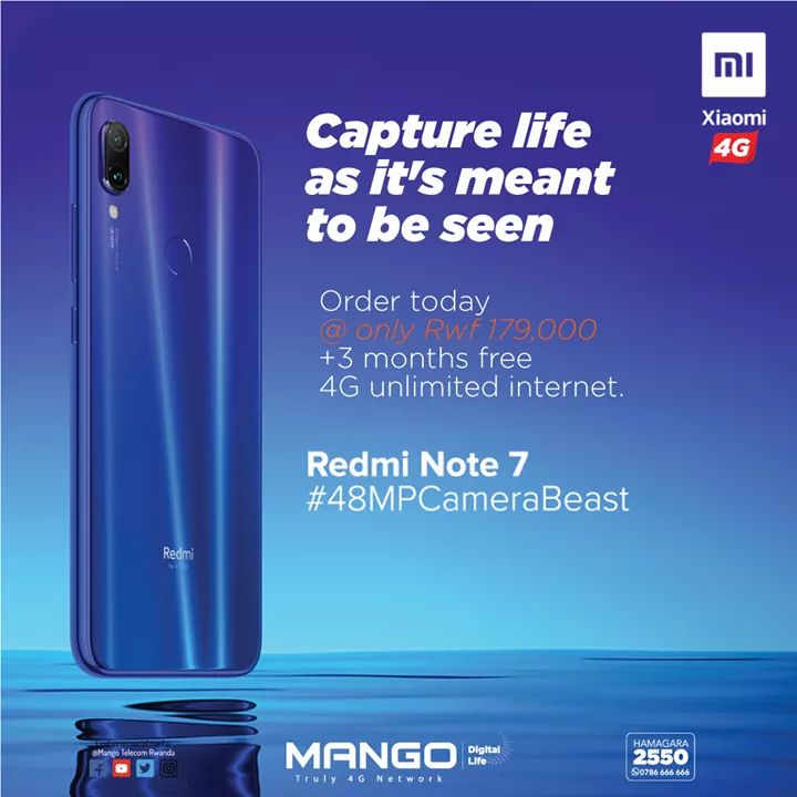 Mango4G's tweet image. Capture life as it's meant to be seen with the "48 MP, f/1.8, (wide), 1/2", 0.8µm, PDAF" REDMi Note 7 camera. Order yours today @ only Rwf 175,000 + 3 months of free 4G unlimited internet.

#IyatseNaMango #4GUnlimiteddata #LTEspeed #Smartphones #NoBunddles #MangoTelecom4G