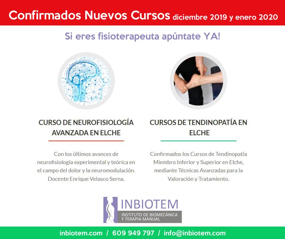Confirmados los Nuevos Cursos de #inbiotem para diciembre 2019 y enero  2020 en Elche. Ya puedes ir reservando tu plaza! No lo dejes que se agotan rápido  ...

inbiotem.com/cursos/

#cursoneurofisiología #cursotendinopatía Toda la info en inbiotem.com