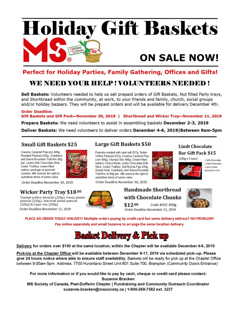 The Holiday Season is here and Peel-Dufferin has your hostess gift solution!! Holiday Gift Baskets, Chocolate and Nuts oh my!! ON SALE NOW until November 30,2019     Click here to order online secure3.convio.net/mssoc/site/Cal… or email suzanne.bracken@mssociety.ca