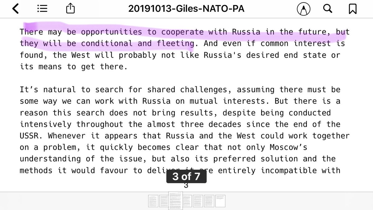 12/ CONDITIONAL AND FLEETING: “There may be opportunities to cooperate with Russia in the future, but they will be conditional and fleeting. And even if common interest is found, the West will probably not like Russia's desired end state or its means to get there.”- @KeirGiles