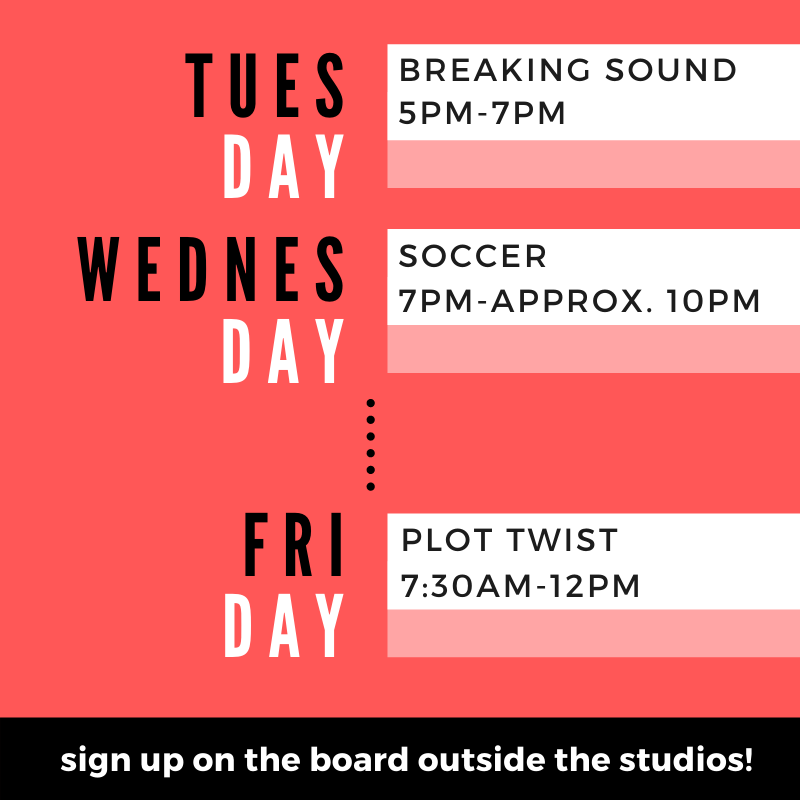 TitanTV57's tweet photo. Happy Monday Titan TV! Check out this week's productions here:
✨
Tuesday 10/29: Breaking Sound, 5pm-7pm
Wednesday 10/30: Soccer, 7pm-approx. 10pm
Friday 11/1: Plot Twist, 7:30am-12pm
✨
Remember to sign up on the board outside the studios! https://t.co/xQIjLk12xm