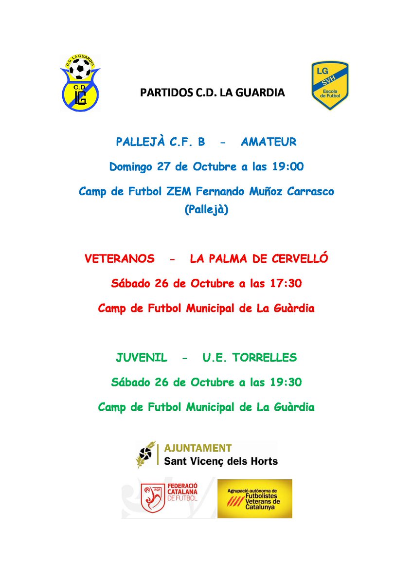 Partidos del Fin de semana:
El Amateur buscará su primera victoria fuera de casa frente al @CF_Palleja.
Los veteranos, a seguir la racha victoriosa en casa con <a href="/UELAPALMA/">U.E. LA PALMA</a>.
El juvenil tratará de sumar sus primeros puntos en la visita de <a href="/UETorrelles/">Unió Esportiva Torrelles</a>. 
#4cat8 #fcf #futbolveterans