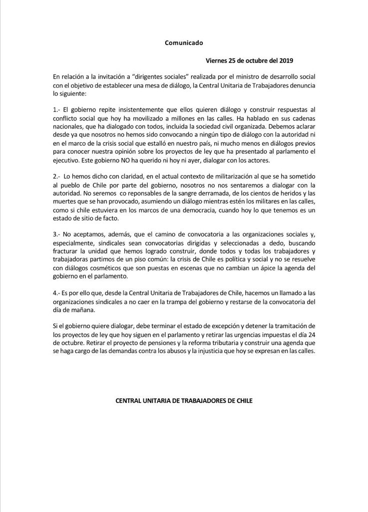 👀 Esta es nuestra respuesta ante la invitación a “dirigentes sociales” para establecer una mesa de diálogo 👇🏼👇🏼 #NoEstamosEnGuerra #FinAlEstadoDeEmergencia #UnidadSindical