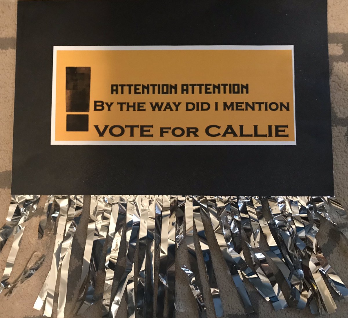 JGWendoprincess's tweet photo. My daughter is running for Vice President for her schools student council and this was her idea for campaign posters 💛🖤⚠️⚠️ #attentionattention @TheBrentSmith @Shinedown @ebassprod @ZMyersOfficial https://t.co/iCZMvm2Y5B