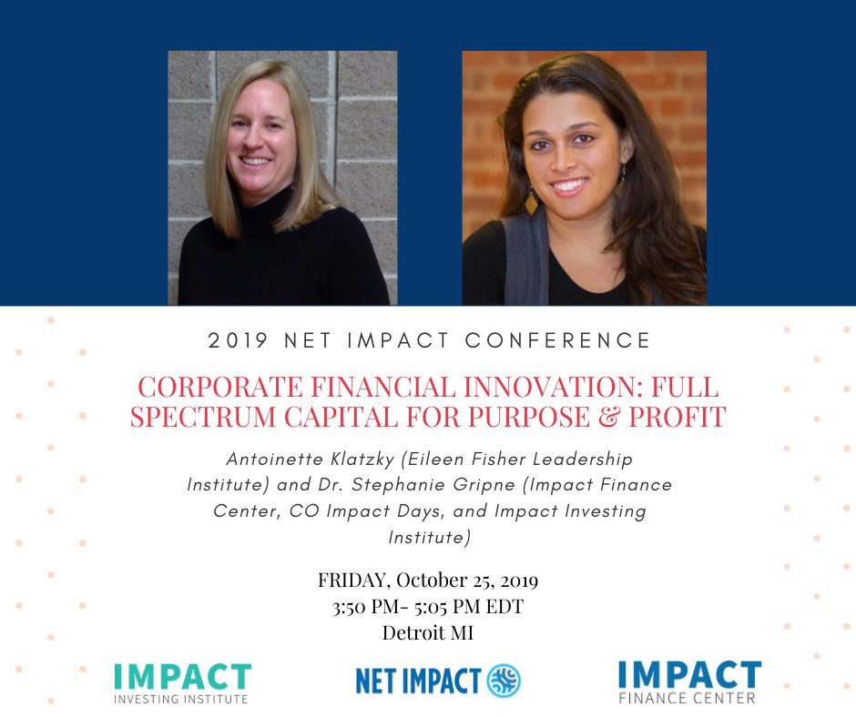 impinvinstitute's tweet photo. @StephanieGripne and Antoinette Klatzky @fresachocolat are speaking @netimpact #NI19 conference in #Detroit today at 3:50pm EST on #Corporate #Financial #Innovation: #FullSpectrumCapital for #PurposeandProfit. @ImpactFinCtr @EFLI_LiFe #socialimpact #socialresponsibility #ImpInv https://t.co/Vt4CuUvj4D