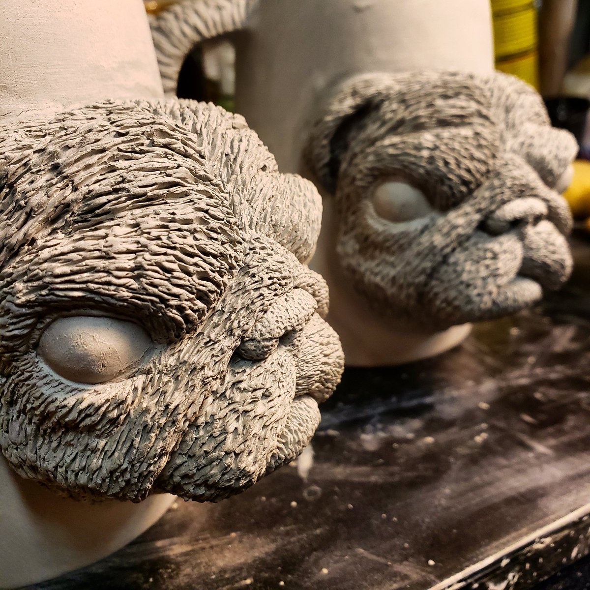 MFlemJr's tweet photo. I got two Pugs attached to their mugs and now just awaiting some under-glaze before being bisque fired.

#sculpture #ceramic #ceramics #pottery #coffeemug #coffee #mugs #pugs #puglove #puglife #beautiful #sculpt #sculpting #art #artwork #artist #mflemjr #coloradoartist https://t.co/1G3bAIzJJQ