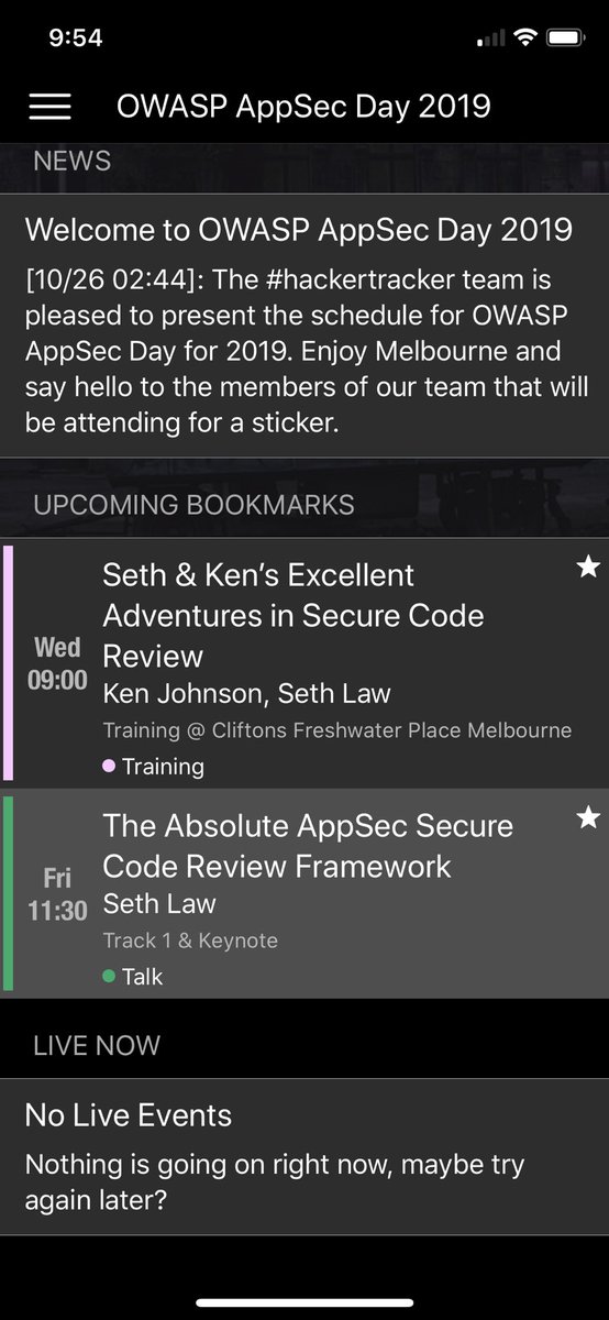 Lots of conferences going on. <a href="/OWASPMelbourne/">@owaspmelb/@infosec/.exchange</a> has been added to #hackertracker as well. Looking forward to this one. <a href="/_advice_dog/">advice</a> <a href="/aNullValue/">Drew Stemen (@anullvalue@defcon.social)</a> <a href="/shortxstack/">Whitney Champion 🍪🚀 bluesky @whit.zip</a> <a href="/JulianBerton/">Julian</a>
