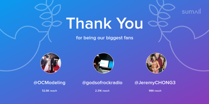 Our biggest fans this week: OCModeling, godsofrockradio, JeremyCHONG3. Thank you! via https://t.co/Ic1sEYJmO8