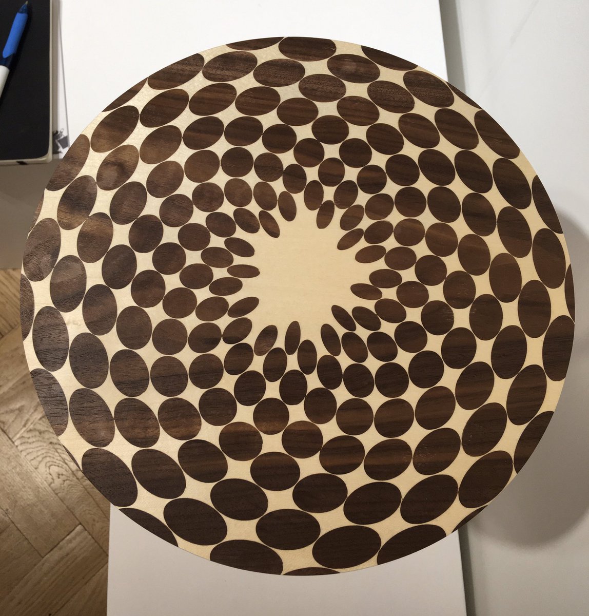 Stunning wooden stool seats by @rogernathandesigns showing for the 1st time @ #MadeLondon on today over the weekend - can you believe he hand cuts these marquetry patterns?! #handcrafted