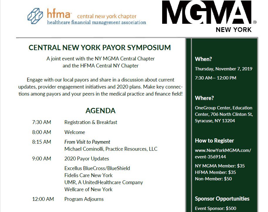 CNYHFMA's tweet photo. CENTRAL NEW YORK PAYOR SYMPOSIUM

Come engage with our local payors!

Thursday, November 7, 2019 @ OneGroup Education Center

Register https://t.co/BIE4DbgHda https://t.co/qnMAoOqhR8