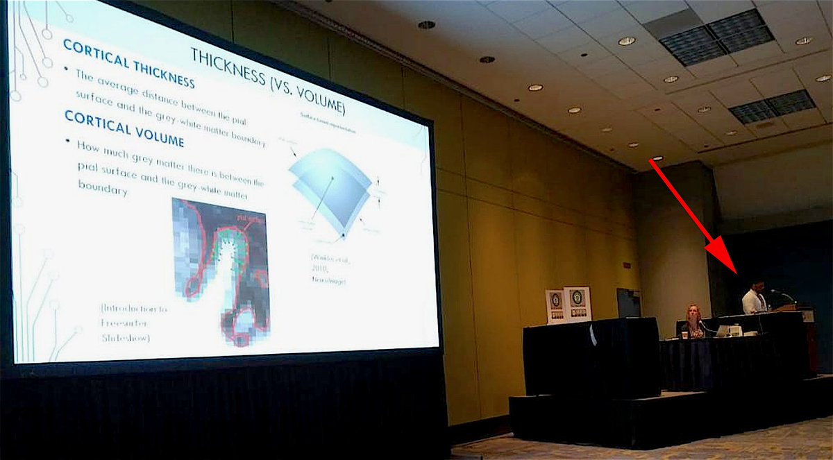 At SFN 2019, Project Assistant Deydeep Kothapalli gave his first conference talk ever - using minimum line integrals to calculate cortical thickness of medial temporal lobe structures from any ROI subregional mask. If we could see his face, I'm sure it would be all joy.